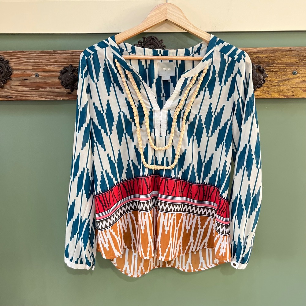 Maeve Anthropologie Ikat Beaded Split Neck Blouse Top Size 10 Long Sleeve Teal